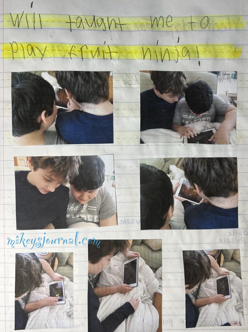 journal entry: Will taught me to play fruit ninja! 7 photos of the boys on the couch under the white blanket playing fruit ninja.