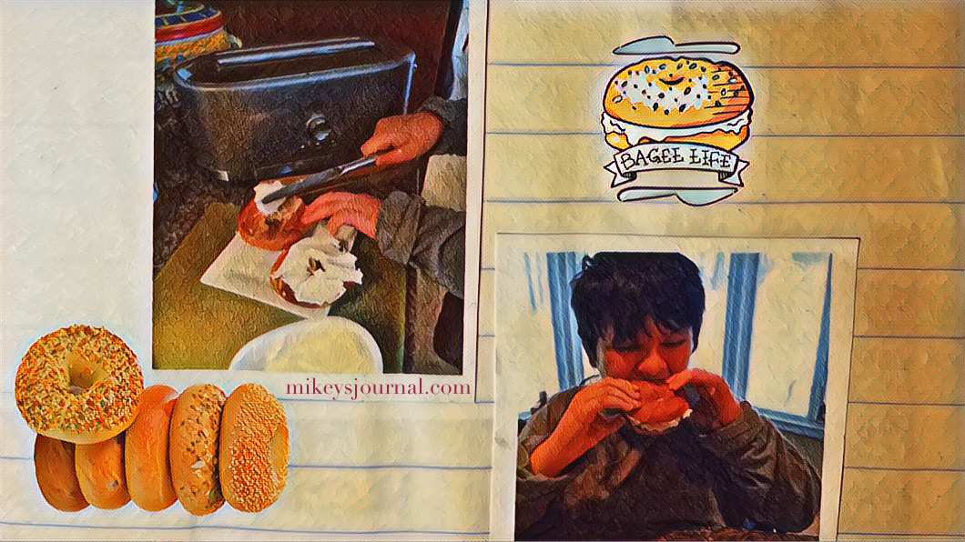 photo of mikey putting cream cheese on his bagel, photo of Mikey taking a bite of his bagel, bagel life sticker and sticker of a stack of bagels