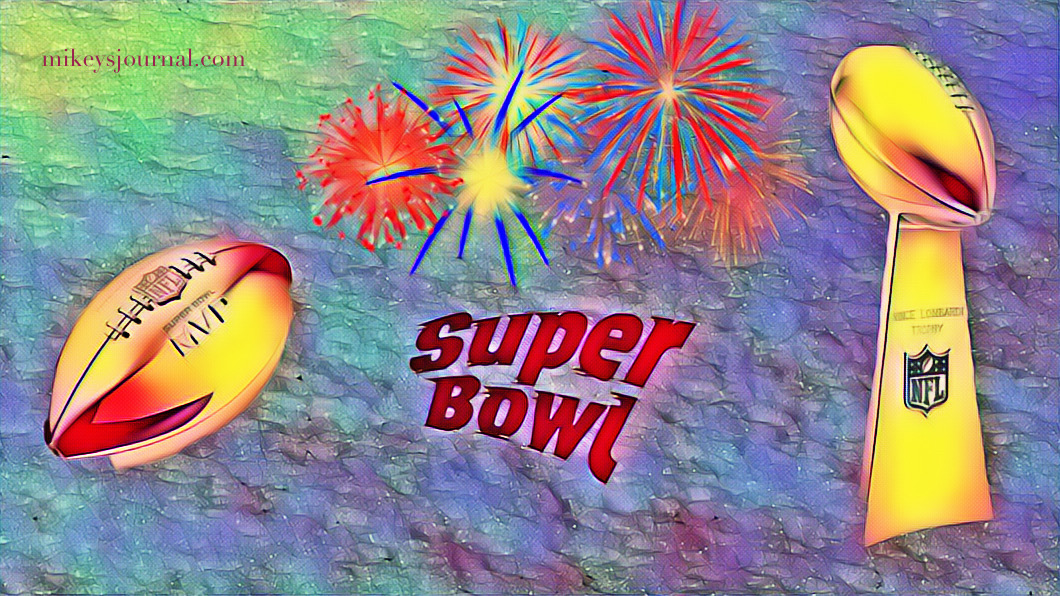 42C53F10-1819-4754-A235-B871963292FB snowy background with super bowl stickers superimposed (mvp ball, fireworks, super bowl sign and the lombardi trophy)
