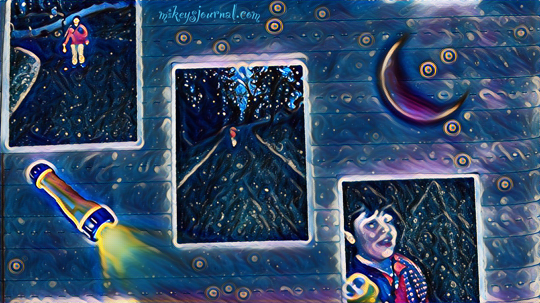 5F5C0414-503A-4878-A170-9761B02D88B8 stylized to look like starry night, three photos of mikey on the driveway in the dark with a moon sticker and a flashlight sticker added for effect