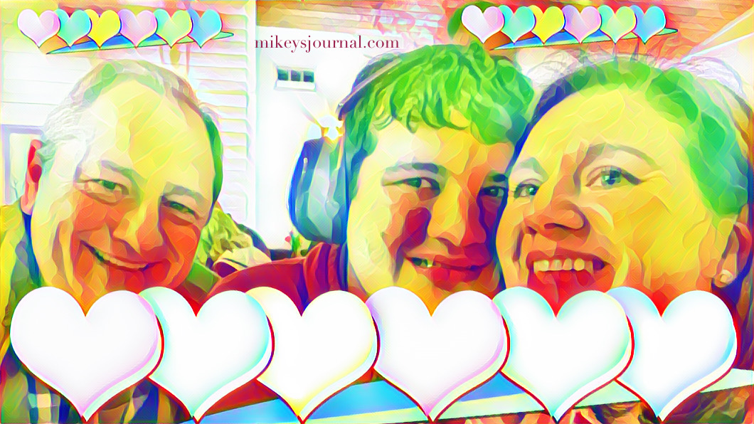 stylized photo of Dave, Mikey and me at the Valentine-themed fundraiser, with hearts added for effect