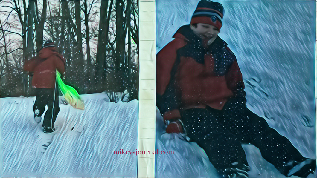 stylized photos of mikey running up the hill with his sled and sliding down.
