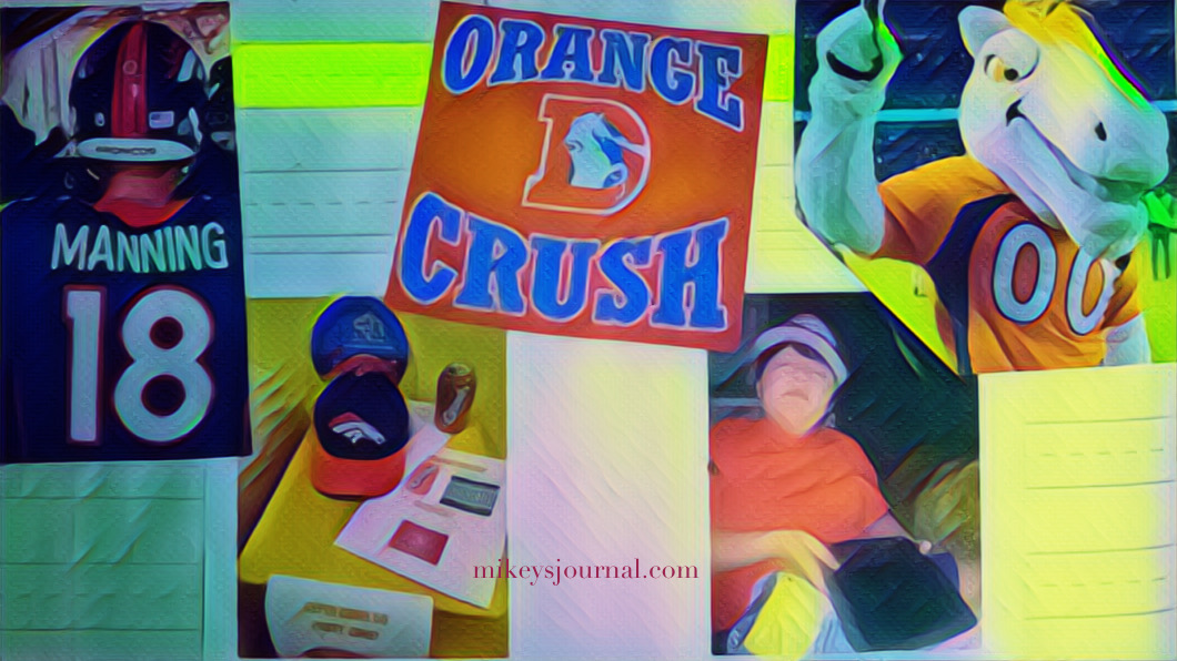 5 stylized photos: peyton manning, orange crush defense sign, mikey holding his talking ipad and wearing a broncos hat, a folding table with a broncos hat, signs and a can of orange crush