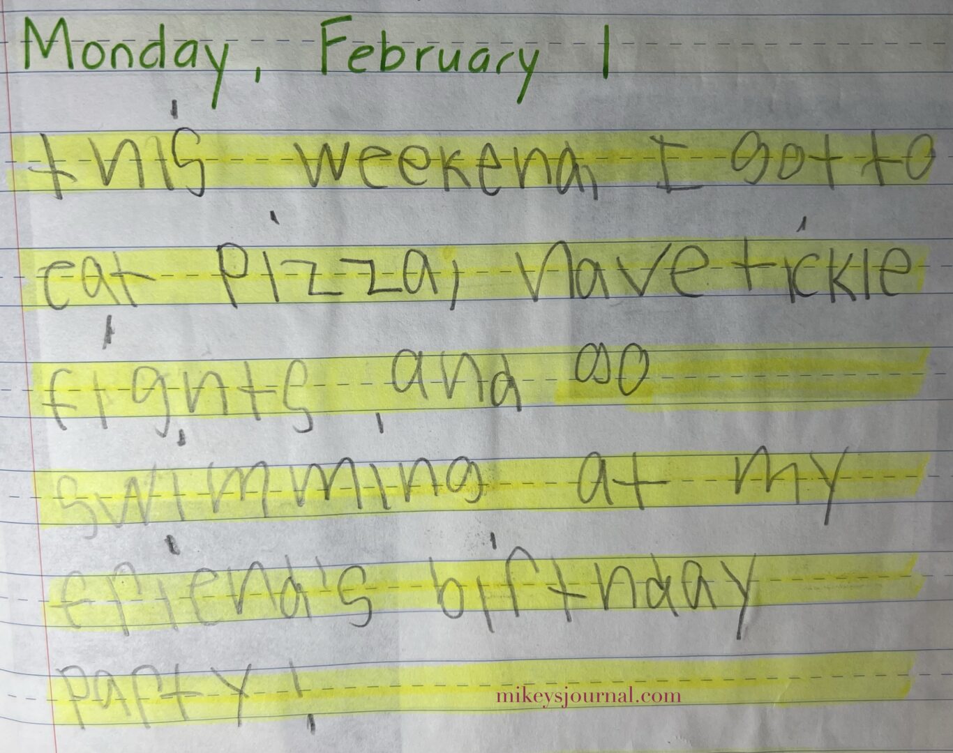 journal entry February 1, “This weekend, I got to eat pizza, have tickle fights and go swimming at my friend’s birthday party.