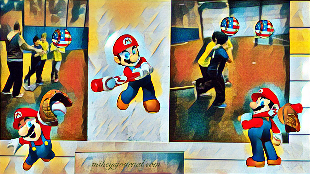2 stylized photos of indoor practice: Mikey swinging the bat and Mikey running the bases with his buddies.