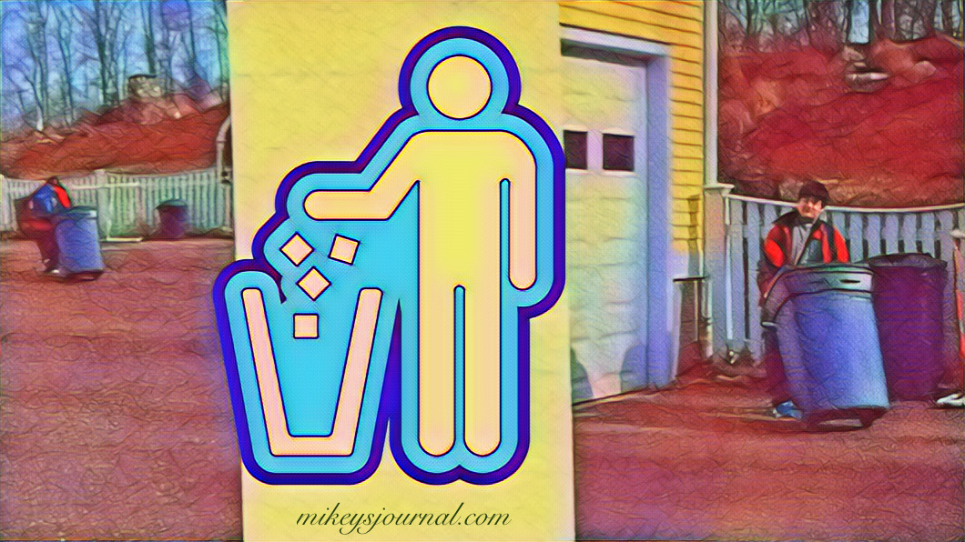 2 photos of Mikey rolling in the garbage cans, framing an icon of a man throwing away garbage