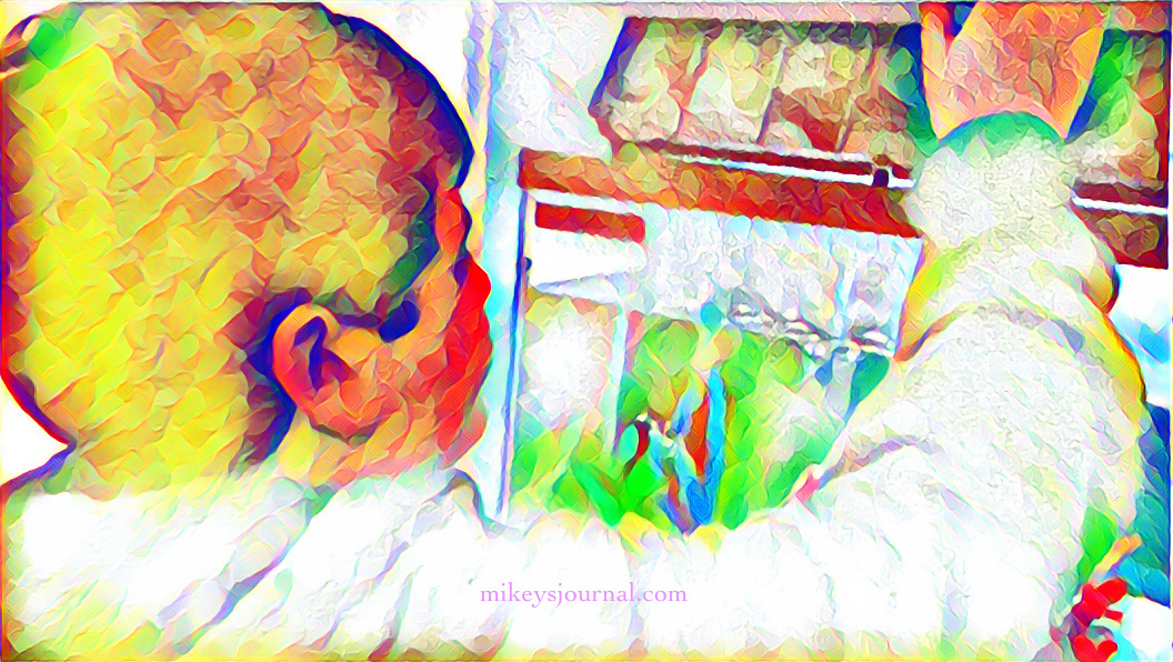 stylized photo of mikey dumping some food into the fish tank