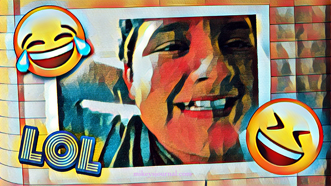 stylized framed photo of Mikeys laughing, two laugh emojis and a big LOL sticker