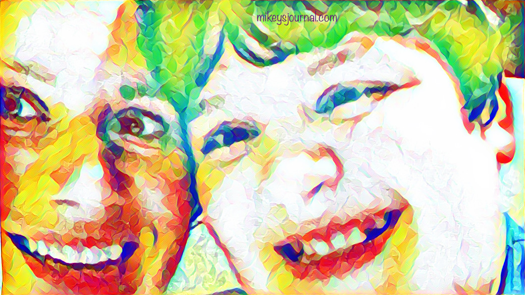 stylized selfie with mom and mikey, both of us smiling wide
