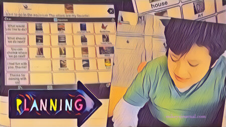 stylized overlapping photos of Mikey’s talking iPad screens with proloquo2go and one photo of Mikey looking down at his iPad pushing buttons. An arrow added with the title PLANNING in multicolors