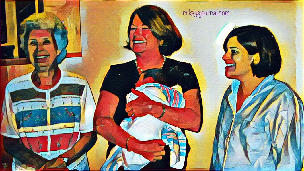 stylized photo of my mom holding Will in the hospital room, with me and my grandma, Nana Ru, all smiles