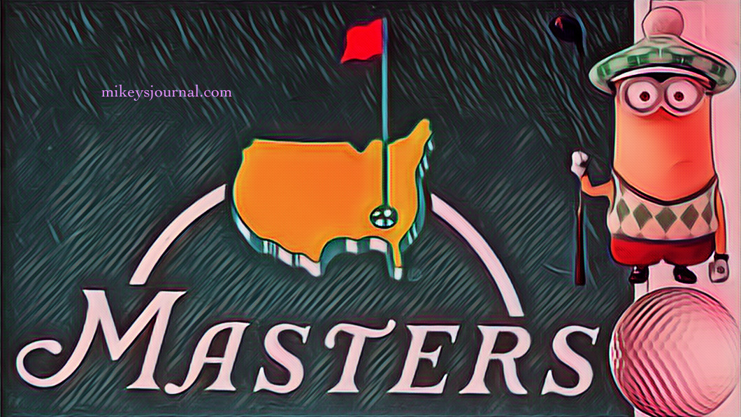 Masters logo with a minion dressed for golf and a giant golf ball