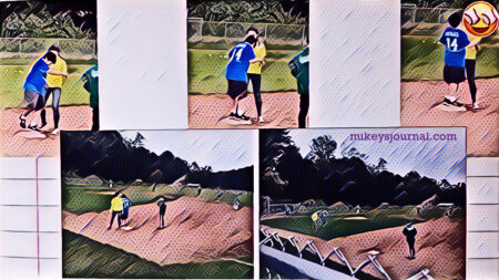 pop art style photo lineup of mikey with K running to first base and waiting patiently for his friend and teammate to bat.