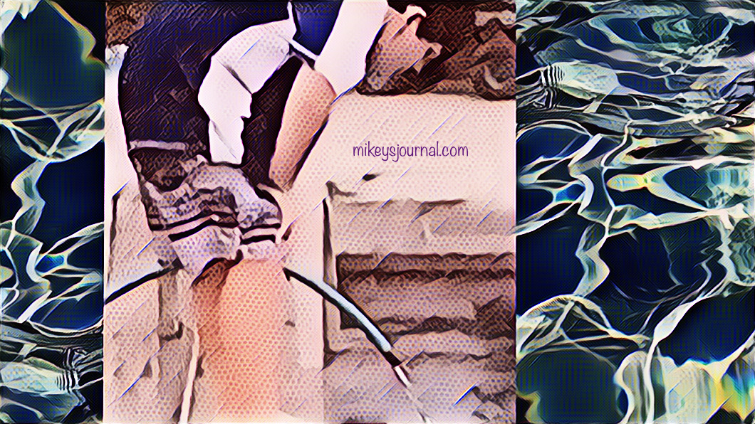 stylized photo of Michael using the hose to put water in the pool, flanked with stylized water border