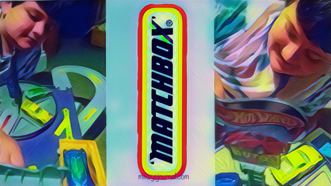 stylized photos of mikey playing with matchbox cars on either side of the matchbox logo