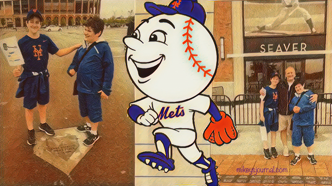 2 photos on either side of Mr Met. Will and Mikey standing on the old home plate plaque where home plate was at Shea Stadium and Will, Dave and Mikey outside the Seaver gate.