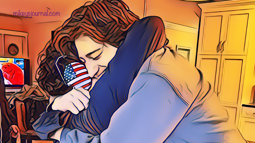 stylized photo of Will and Mikey hugging