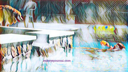 stylized photo of Mike holding Max’s football in the middle of the deep end, Max looking at him from the edge