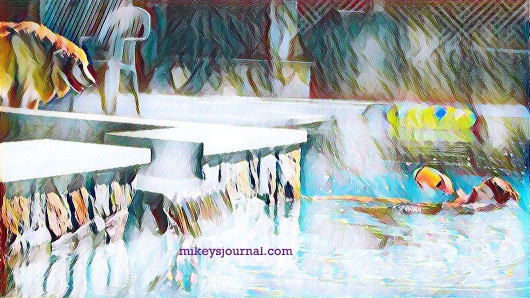 stylized photo of Mike holding Max’s football in the middle of the deep end, Max looking at him from the edge