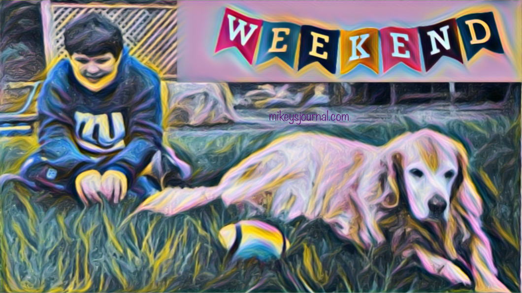 stylized photo of Mikey sitting on the grass with our dog Max and his favorite football