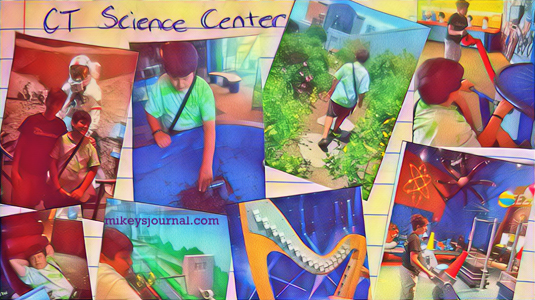 stylized photo of 8 photos of Mikey and Will doing different experiments and looking at interesting exhibits at the CT Science Center
