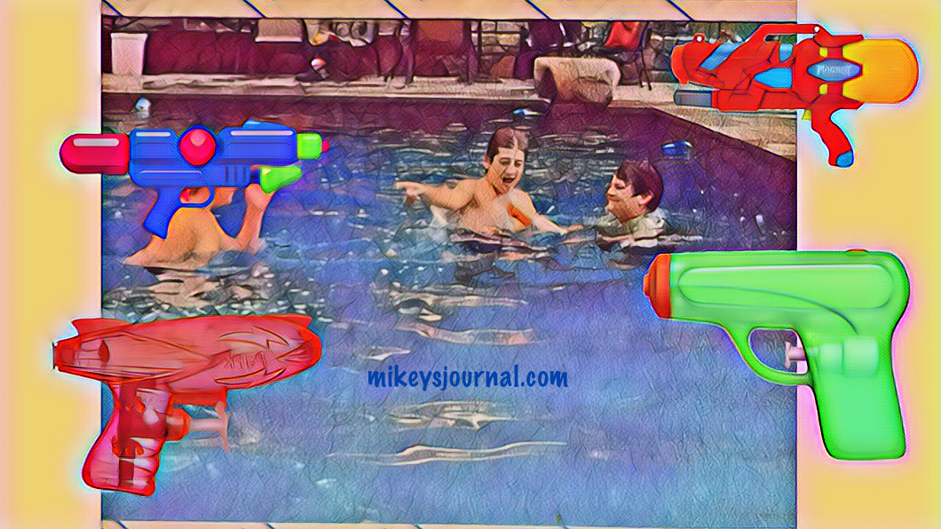 stylized photo of Will showing Mikey to point at his buddy A before firing his water gun, water gun stickers added to cover A’s face and for fun.
