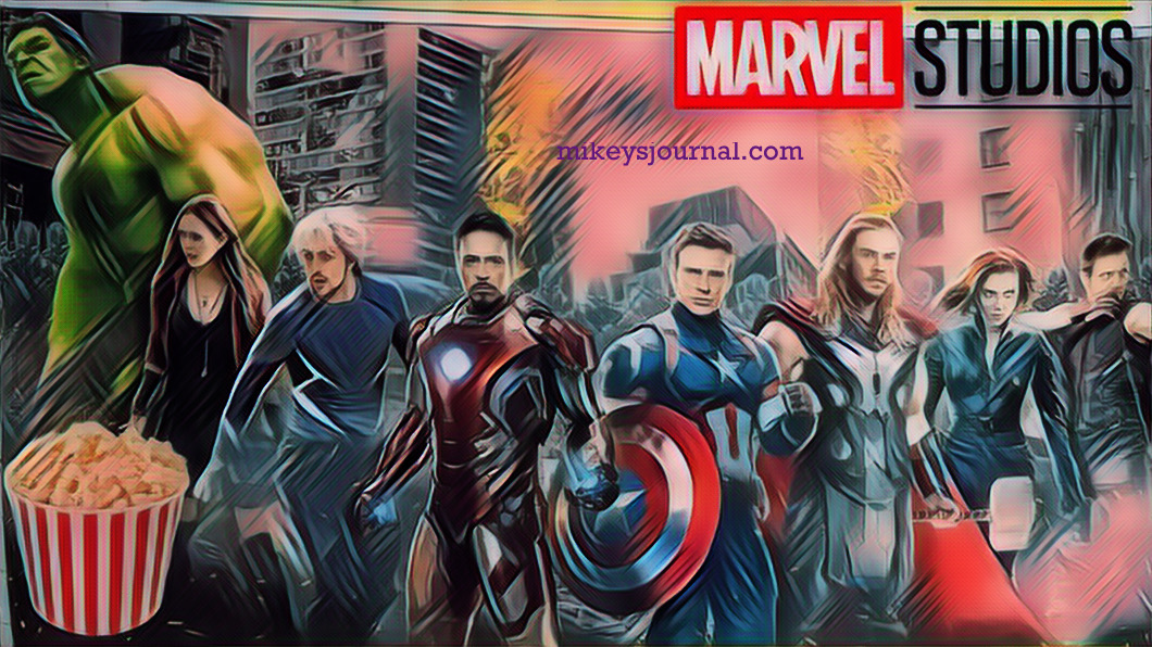 movie poster for Marvel Studios Avengers: Age of Ultron and a sticker of a popcorn bowl for fun