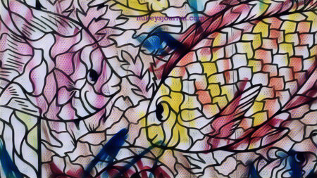 pop art photo of a color by numbers filled in by mikey of colorful fish