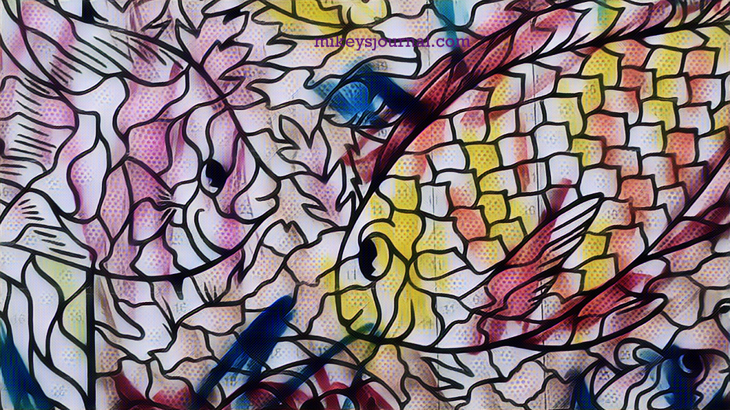 pop art photo of a color by numbers filled in by mikey of colorful fish