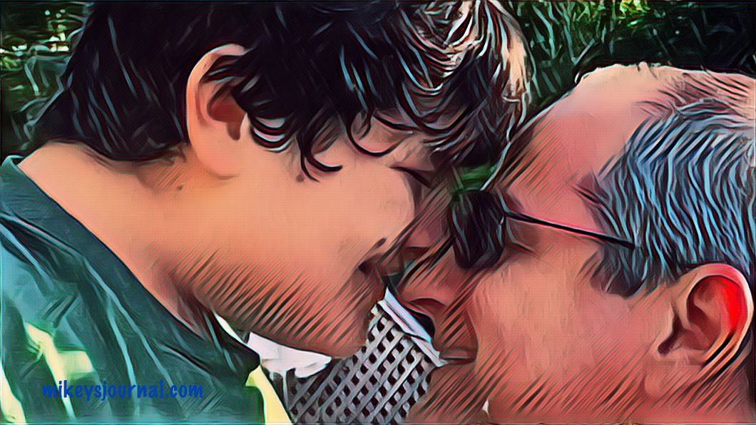 stylized photo of miikey and dave forehead to forehead smiling.