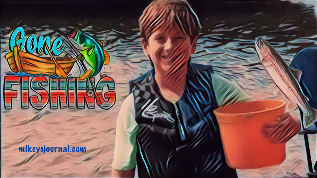 stylized photo of Will, wearing his life jacket, standing in the water with his orange bucket, Gone Fishing Logo and fish sticker added for fun