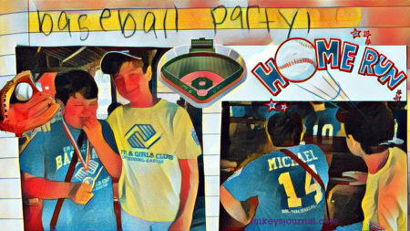 stylized photos of Will and Mikey in their jerseys enjoying the baseball party