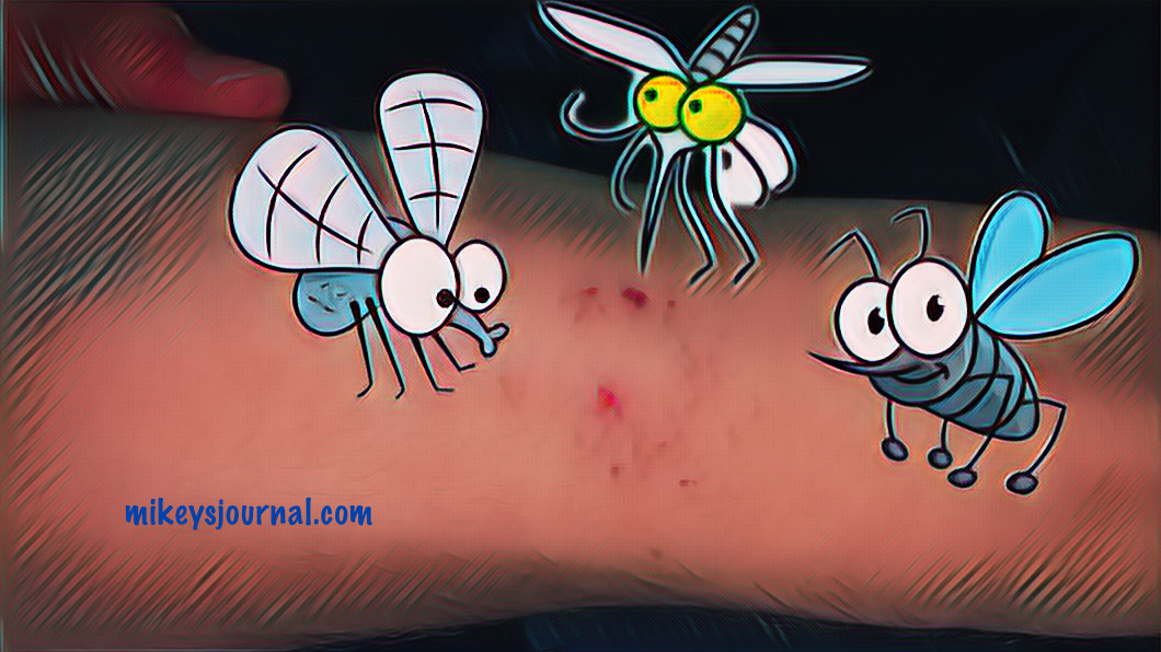 stylized photo of arm with bug bites, 3 cartoon bug stickers added for effect