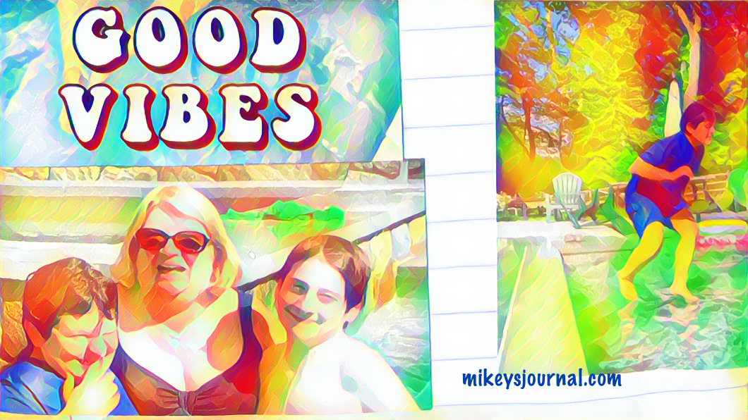 stylized photos of Mimi Will and Mikey having fun in the pool with a good vibes sticker added for fun