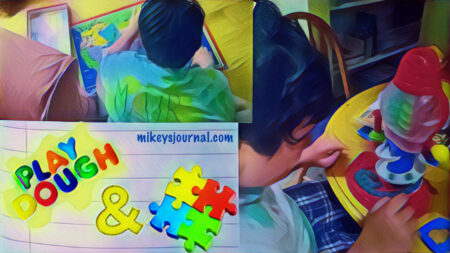 play doh and puzzles title with stylized photos of Mikey doing both activities