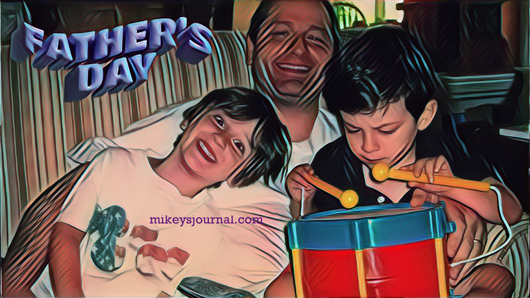 stylized photo of Dave and a young Will and Mikey on the couch, Dave and Will are smiling and mikey is focused totally on playing his little drum