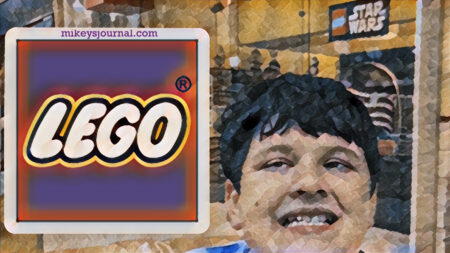 Lego logo, and a stylized photo of a smiling mikey outside the lego store at the mall
