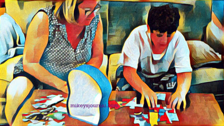 stylized photo of my mom on the couch with Mikey doing a big puzzle