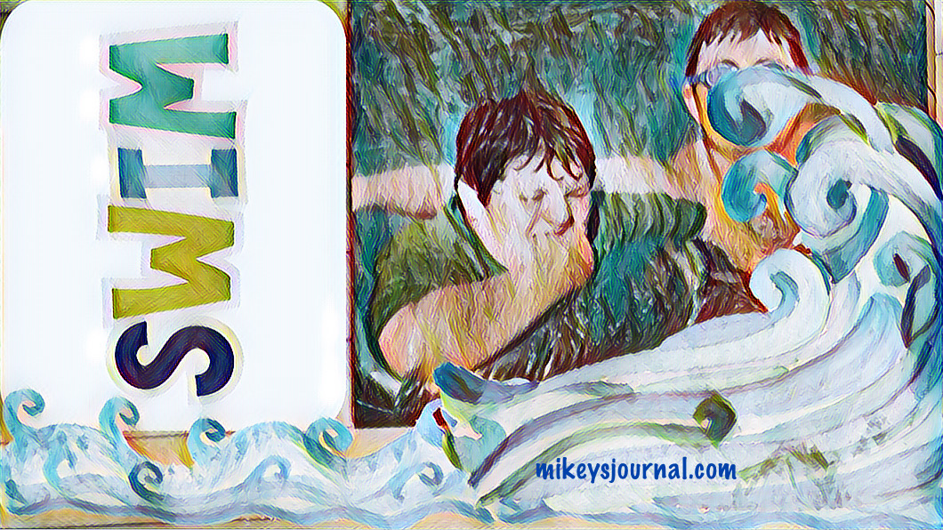 9814C159-BAA9-4C6E-9C68-0885BCDD663A Swim title with a photo of Mikey and his friend M in the pool, M’s face obscured by a wave sticker