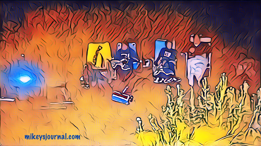 B38567C8-DE92-462A-89E5-31D2573F1682 stylized photo of four chairs, dave will and mikey in the chairs (mine was empty since i took the photo and the movie projector lit up