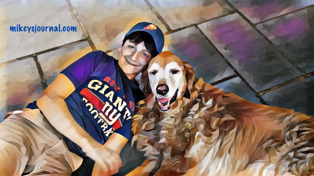 stylized photo of Will and Max laying on the stone patio, heads together smiling