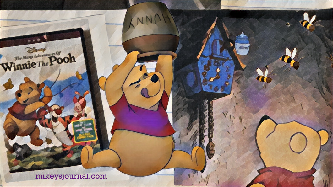 The Many Adventures of Winnie the Pooh DVD cover and two photos of pooh (one reaching into a honey jar and one looking at his clock.