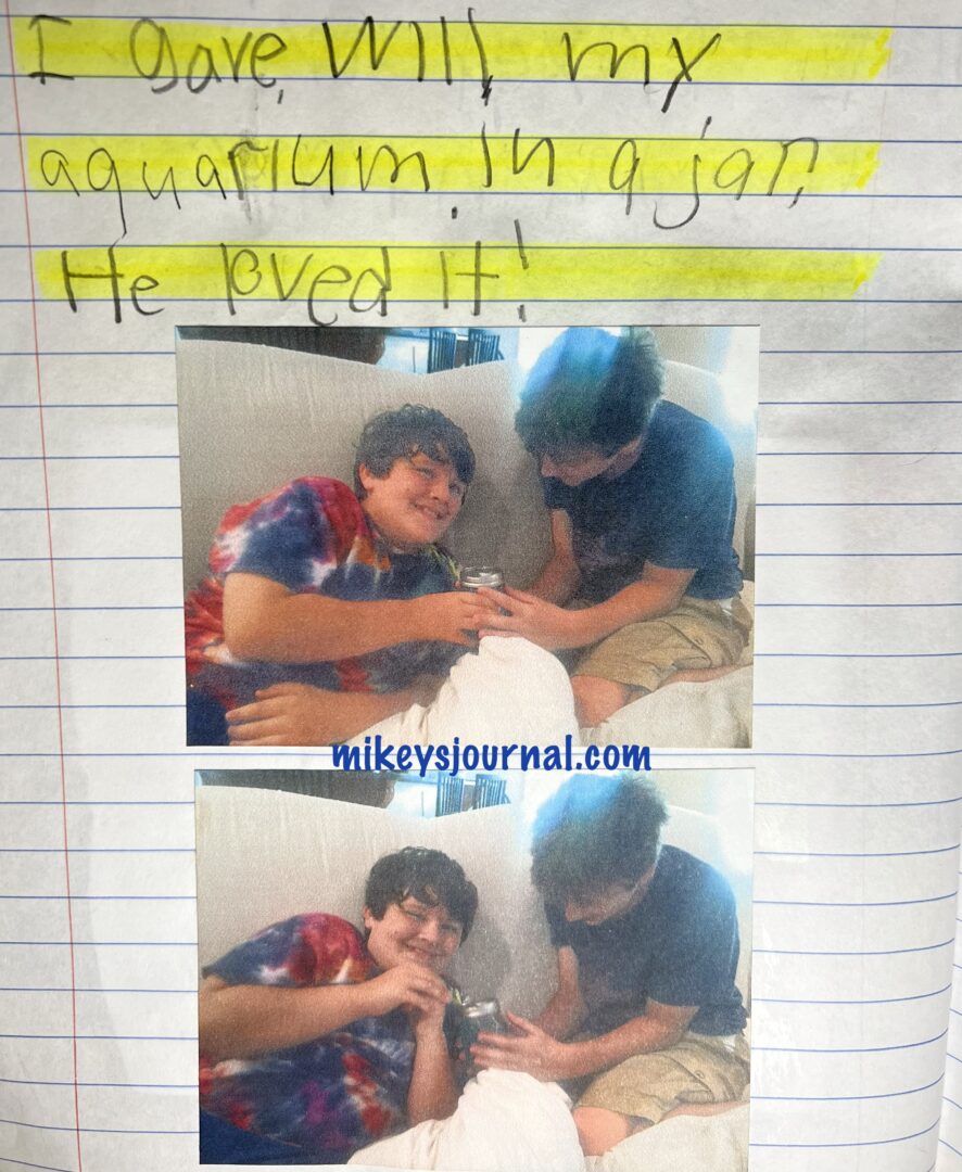 journal entry: “i gave Will my aquarium in a jar. He loved it!” 2 photos of Mikey giving the jar to Will, both very happy