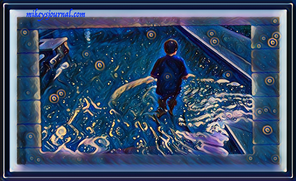 stylized photo of mikey wading into the pool