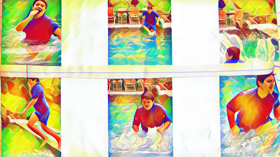 6 stylized photos on a white background of mikey jumping and playing in the pool.