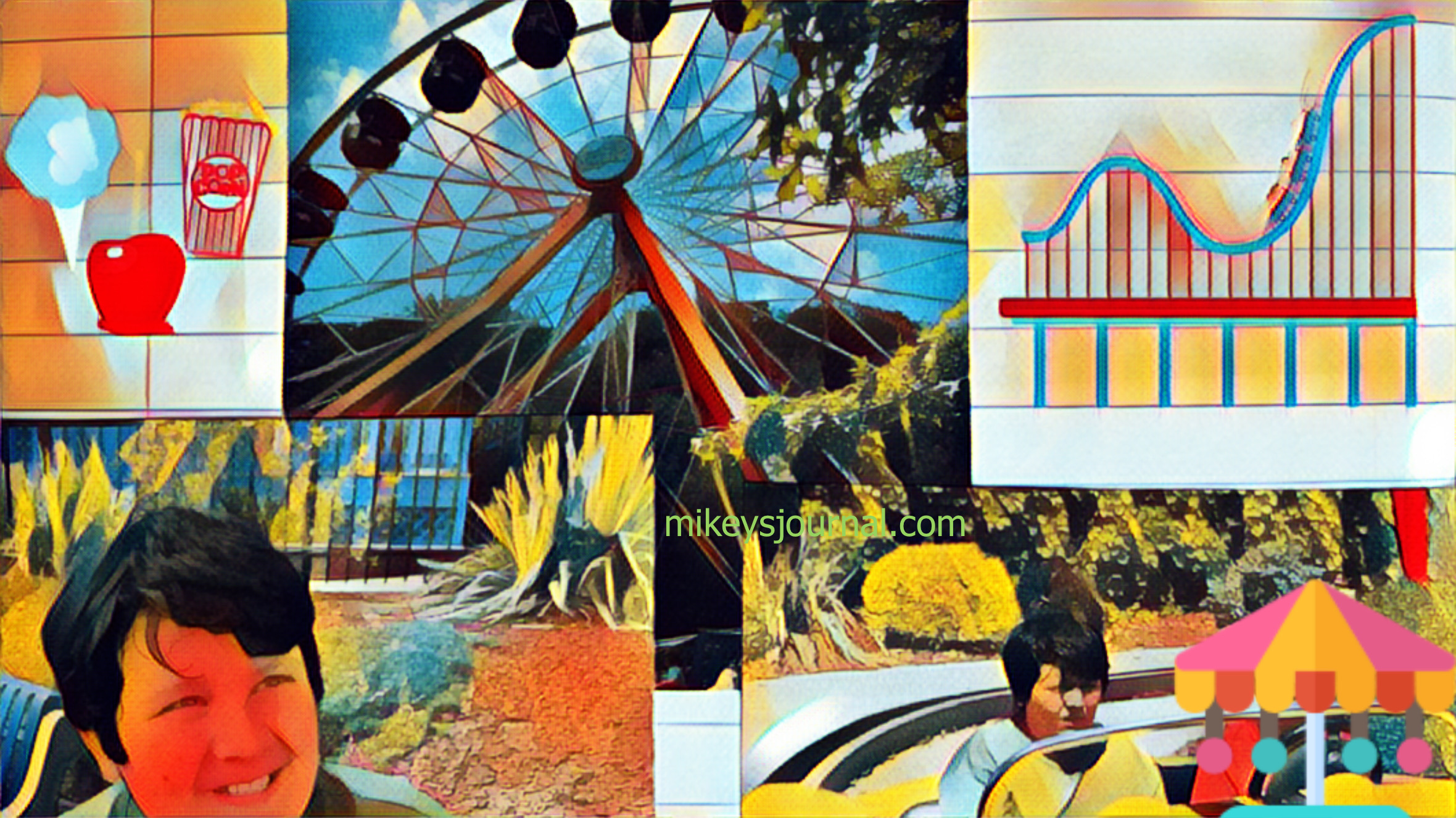 stylized photos of amusement park fun: cotton candy, popcorn and a candied apple, a ferris wheel, a roller coaster, a smiling mikey and mikey riding in one of the ‘race’ cars with his pal at the wheel.