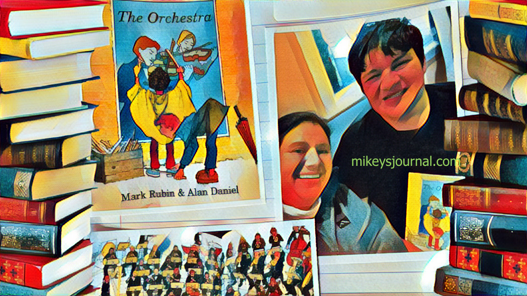 stylized photo of mom and mikey reading a book called the Orchestra. big smiles all around.