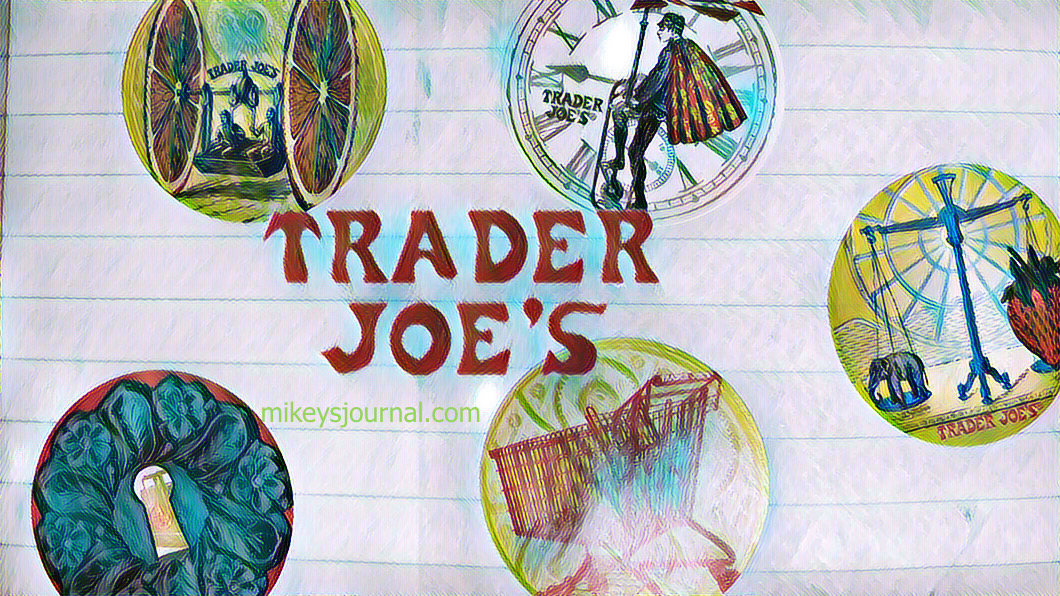 Trader Joe’s logo surrounded by stickers.