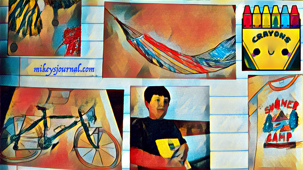 stylized photo of journal entry pictures. Mikey holding his coloring book, colored picture of a bike, a hammock and a summer camp tee-shirt. Crayons added for fun.
