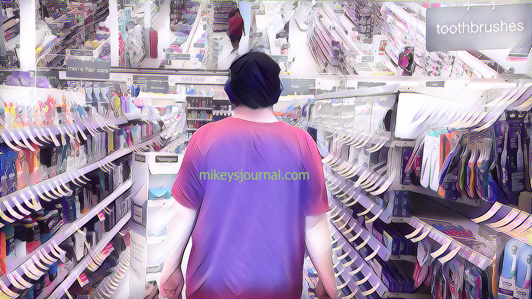 stylized photos of mikey walking in walgreens